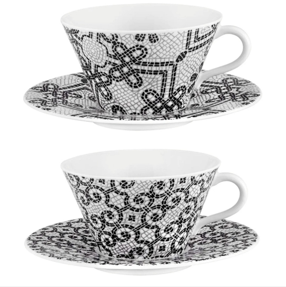 Porcelain Portuguese Cobblestone Tea Cups and Saucers Set.